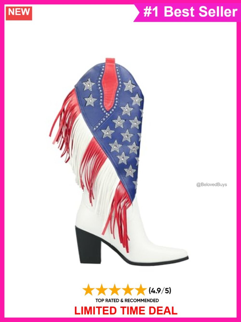 Faux Leather Western Boots Fringe Rhinestone Mid-Calf Block Heel Pull-On